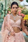 Seema Gujral_Peach Net Sequins, Embroidery Sweetheart Neck Three-dimensional Lehenga Set _Online_at_Aza_Fashions