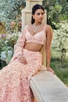 Buy_Seema Gujral_Peach Net Sequins, Embroidery Sweetheart Neck Three-dimensional Lehenga Set _Online_at_Aza_Fashions