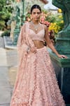 Shop_Seema Gujral_Peach Net Sequins, Embroidery Sweetheart Neck Three-dimensional Lehenga Set _Online_at_Aza_Fashions