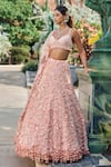 Buy_Seema Gujral_Peach Net Sequins, Embroidery Sweetheart Neck Three-dimensional Lehenga Set _at_Aza_Fashions