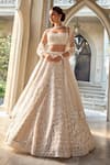 Buy_Seema Gujral_Beige Net Sequins, Embroidery, Pearls Square Neck Abstract Dori Lehenga Set _at_Aza_Fashions