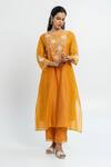 Shop_Pants and Pajamas_Orange Chanderi Embroidery Round Neck Long Kurta _Online_at_Aza_Fashions