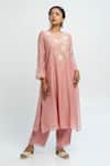 Shop_Pants and Pajamas_Pink Chanderi Embroidery Round Neck Kurta _Online_at_Aza_Fashions