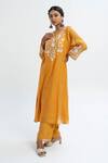 Buy_Pants and Pajamas_Orange Chanderi Embroidery Round Neck Long Kurta _at_Aza_Fashions