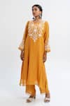 Shop_Pants and Pajamas_Orange Chanderi Embroidery Round Neck Long Kurta _Online_at_Aza_Fashions