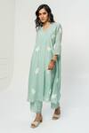 Buy_Pants and Pajamas_Blue Chanderi Embroidery V-neck Long Kurta _at_Aza_Fashions