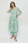 Buy_Pants and Pajamas_Blue Chanderi Embroidery V-neck Long Kurta _Online_at_Aza_Fashions