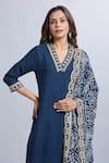 Samyukta Singhania_Navy Viscose, Silk Embroidery Split V-neck Blue Kurta Set _Online_at_Aza_Fashions
