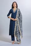 Buy_Samyukta Singhania_Navy Viscose, Silk Embroidery Split V-neck Blue Kurta Set _Online_at_Aza_Fashions