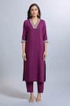 Samyukta Singhania_Purple Viscose, Silk Embroidery V-neck Kurta Set _Online_at_Aza_Fashions