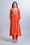 Buy_Samyukta Singhania_Orange Viscose, Chanderi, Jacquard Embroidery Round Neck Kurta Set _Online_at_Aza_Fashions