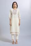 Buy_Samyukta Singhania_White Viscose, Chanderi, Jacquard Embroidery Round Neck Kurta Set _Online_at_Aza_Fashions