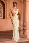 SAANJH BY LEA_Green Georgette Embroidery Halter Neck Pastel Pre-draped Saree Set _at_Aza_Fashions