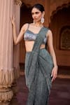 SAANJH BY LEA_Gray Satin Sequins, Beads Sweetheart Designer Pre-draped Grey Saree With Blouse _Online_at_Aza_Fashions