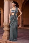 Buy_SAANJH BY LEA_Gray Satin Sequins, Beads Sweetheart Designer Pre-draped Grey Saree With Blouse _Online_at_Aza_Fashions