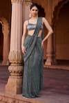Buy_SAANJH BY LEA_Gray Satin Sequins, Beads Sweetheart Designer Pre-draped Grey Saree With Blouse _at_Aza_Fashions