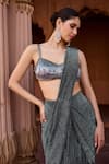 SAANJH BY LEA_Gray Satin Sequins, Beads Sweetheart Designer Pre-draped Grey Saree With Blouse _at_Aza_Fashions