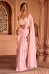Buy_SAANJH BY LEA_Pink Chiffon Pearls, Beads Sweetheart Neck Baby Pre-draped Saree Set _at_Aza_Fashions