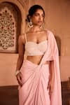 SAANJH BY LEA_Pink Chiffon Pearls, Beads Sweetheart Neck Baby Pre-draped Saree Set _Online_at_Aza_Fashions