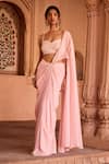 Shop_SAANJH BY LEA_Pink Chiffon Pearls, Beads Sweetheart Neck Baby Pre-draped Saree Set _Online_at_Aza_Fashions