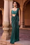 SAANJH BY LEA_Emerald Green Chiffon Sequins, Embroidery Crinkled Pre-draped Saree With Blouse _Online_at_Aza_Fashions