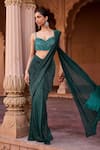 Buy_SAANJH BY LEA_Emerald Green Chiffon Sequins, Embroidery Crinkled Pre-draped Saree With Blouse _Online_at_Aza_Fashions