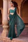 Buy_SAANJH BY LEA_Emerald Green Chiffon Sequins, Embroidery Crinkled Pre-draped Saree With Blouse _at_Aza_Fashions