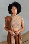 Coeur_Beige Cotton High Neck Brown Fusion Style Kurta Set _Online_at_Aza_Fashions