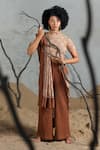 Buy_Coeur_Beige Cotton High Neck Brown Fusion Style Kurta Set 