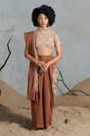 Buy_Coeur_Beige Cotton High Neck Brown Fusion Style Kurta Set _at_Aza_Fashions