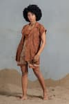 Coeur_Brown Cotton, Net Round Neck Organic Blazer And Shorts Set _Online_at_Aza_Fashions