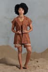 Buy_Coeur_Brown Cotton, Net Round Neck Organic Blazer And Shorts Set _at_Aza_Fashions