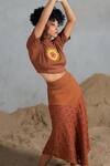 Shop_Coeur_Brown Embroidery High Neck Floral Net Crop Top And Skirt Set _Online_at_Aza_Fashions