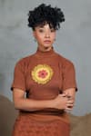 Coeur_Brown Embroidery High Neck Floral Net Crop Top And Skirt Set _at_Aza_Fashions