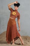 Buy_Coeur_Brown Embroidery High Neck Floral Net Crop Top And Skirt Set _at_Aza_Fashions