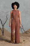 Buy_Coeur_Brown Embroidery Open Neck Knitted Cotton Jumpsuit _Online_at_Aza_Fashions