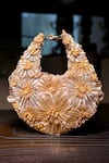 Clutch'D_Gold Beads, Sequins Champagne Floral Handbag _at_Aza_Fashions