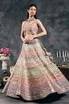 Buy_Vandana Sethi_Multi Color Silk Mirrors, Embroidery Round Neck Multi-color Lehenga Set 
