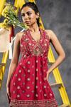 Shop_Vandana Sethi_Red Organza Embroidery, Sequins Halter Neck Dabka Kurta Sharara Set _Online_at_Aza_Fashions