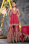 Vandana Sethi_Red Organza Embroidery, Sequins Halter Neck Dabka Kurta Sharara Set _at_Aza_Fashions