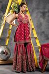 Vandana Sethi_Red Organza Embroidery, Sequins Halter Neck Dabka Kurta Sharara Set _Online_at_Aza_Fashions