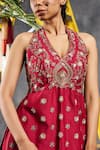 Shop_Vandana Sethi_Red Organza Embroidery, Sequins Halter Neck Dabka Kurta Sharara Set 