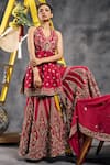 Vandana Sethi_Red Organza Embroidery, Sequins Halter Neck Dabka Kurta Sharara Set _Online
