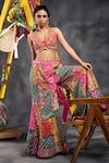 Shop_Vandana Sethi_Red Silk Sequins Halter Neck Multi-color Sharara Set _Online_at_Aza_Fashions