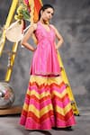 Vandana Sethi_Pink Silk Mirrors, Pom-poms, Embroidery V-neck Multi-color Kurta Set _at_Aza_Fashions