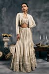 Buy_Vandana Sethi_Ivory Silk, Satin Mirrors, Embroidery V-, Round Fusion Lehenga Set _at_Aza_Fashions