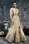 Buy_Vandana Sethi_Ivory Silk, Satin Mirrors, Embroidery V-, Round Fusion Lehenga Set _Online_at_Aza_Fashions