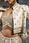 Shop_Vandana Sethi_Ivory Silk, Satin Mirrors, Embroidery V-, Round Fusion Lehenga Set 