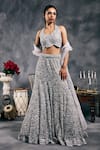 Buy_Vandana Sethi_Silver Net Sequins Halter Neck Fusion Lehenga Set _at_Aza_Fashions