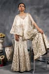 Buy_Vandana Sethi_Ivory Silk, Satin Mirrors Round Neck Gold Embroidered Kurta Set _Online_at_Aza_Fashions